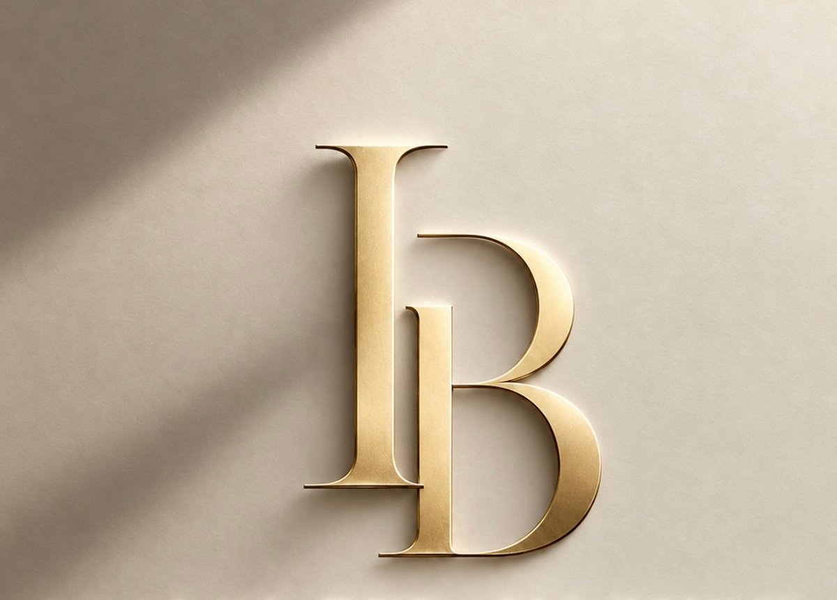 Gold lowercase letters i and b on a beige wall with shadow